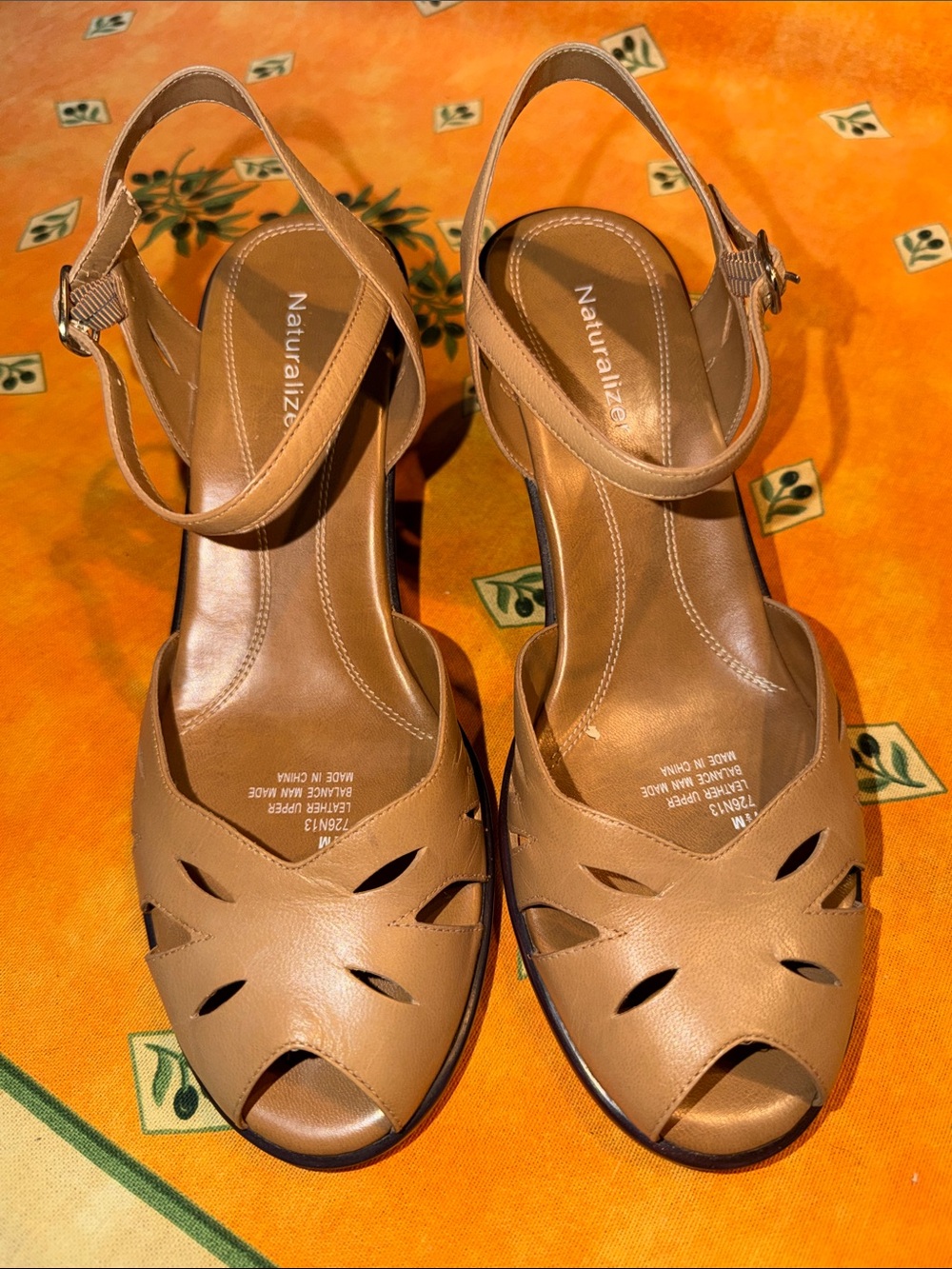 Naturalizer Tan Leather Peep-Toe Slingback Sandals
